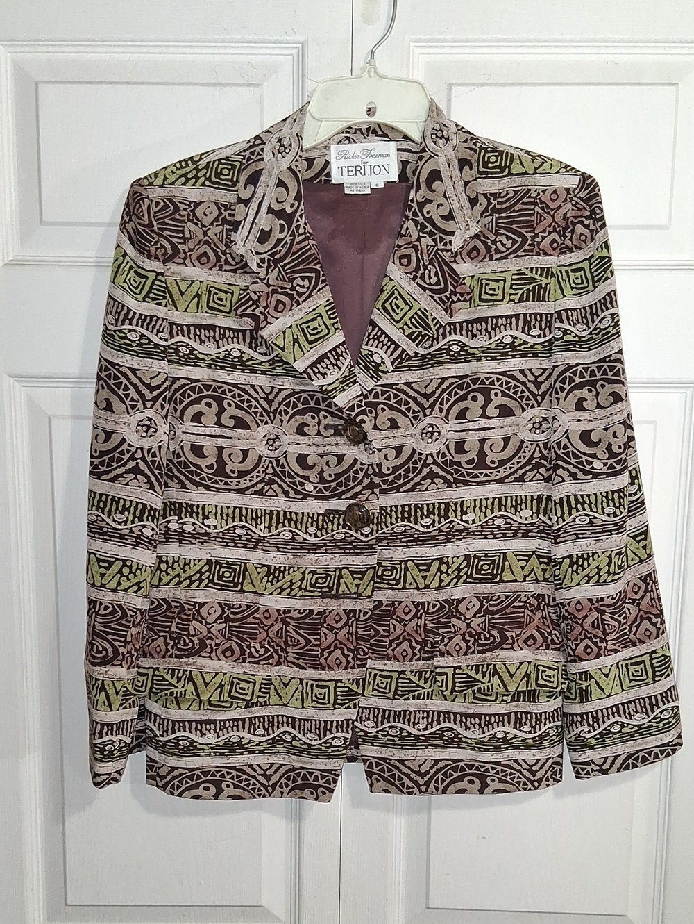 Rickie Freeman for Teri Jon Brown and Cream Patterned Silk Blazer - 8 - Lined